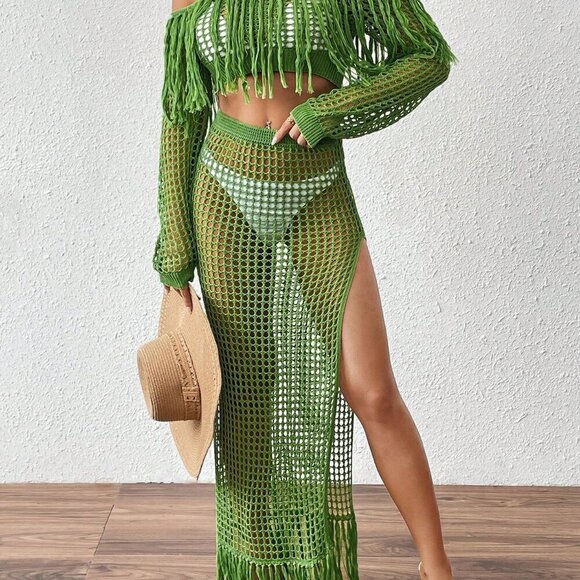 Green Sexy Women's Crochet Hollow Fringe Hem Cover Up Tops - Picture 5 of 6